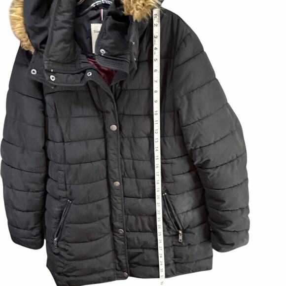 Tommy Hilfiger Puffer Coat Womens XL Black Faux Fur Trim Hooded Warm Outdoor Y2K - Picture 8 of 16
